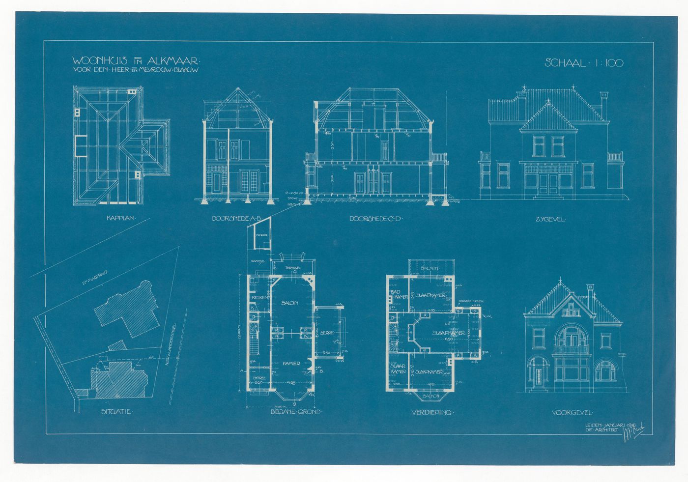 Site, floor and roof plans, cross sections and elevations for a house Mr. and Mrs. Blaauw, Alkmaar, Netherlands
