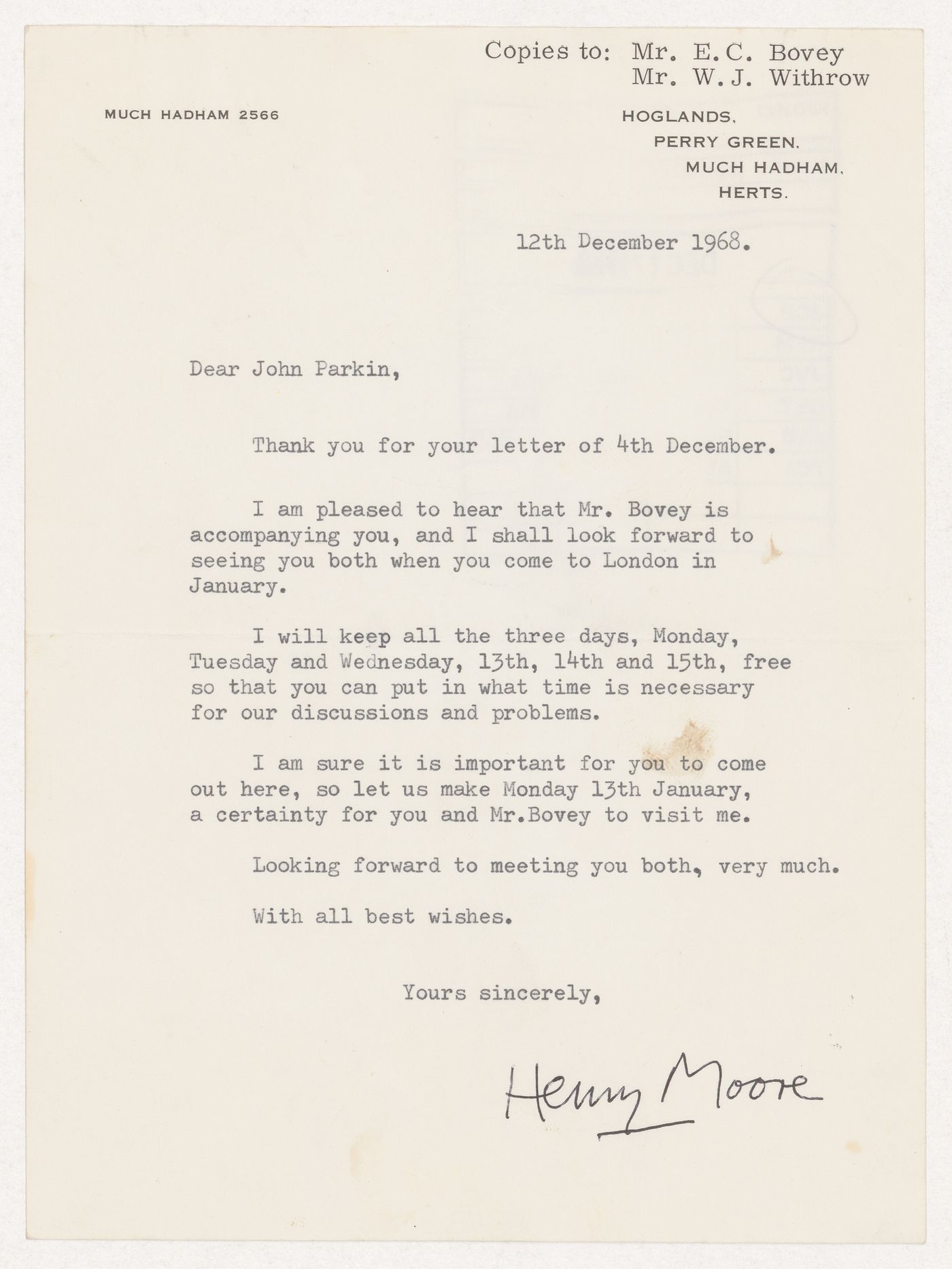 Letter from Henry Moore to Parkin