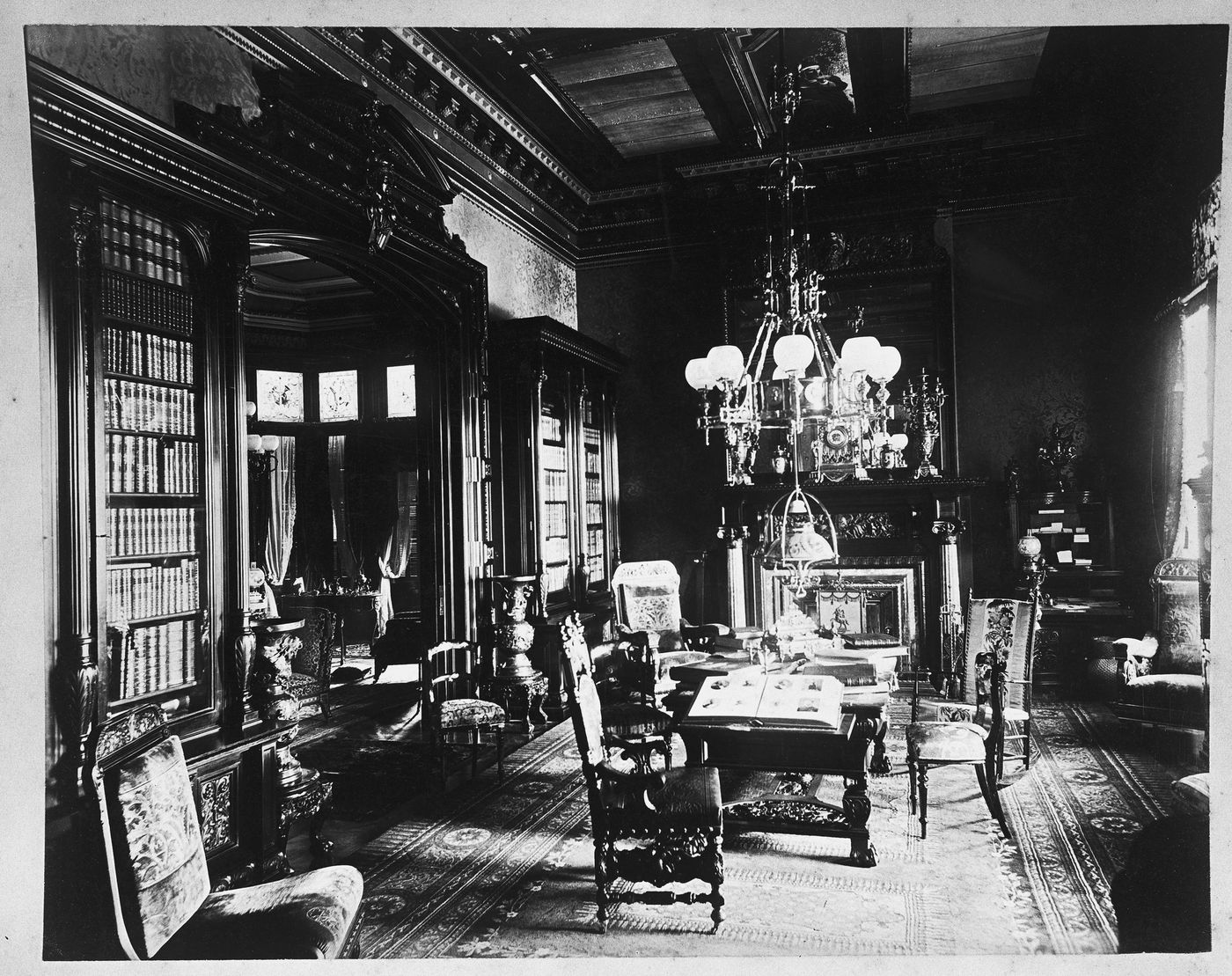 Library with adjoining sitting room to left, Linden Towers, James Clair Flood Estate, Atherton, California