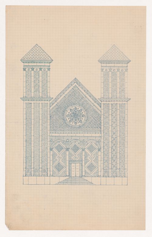Design for the west façade of a large church in a Romanesque-inspired style