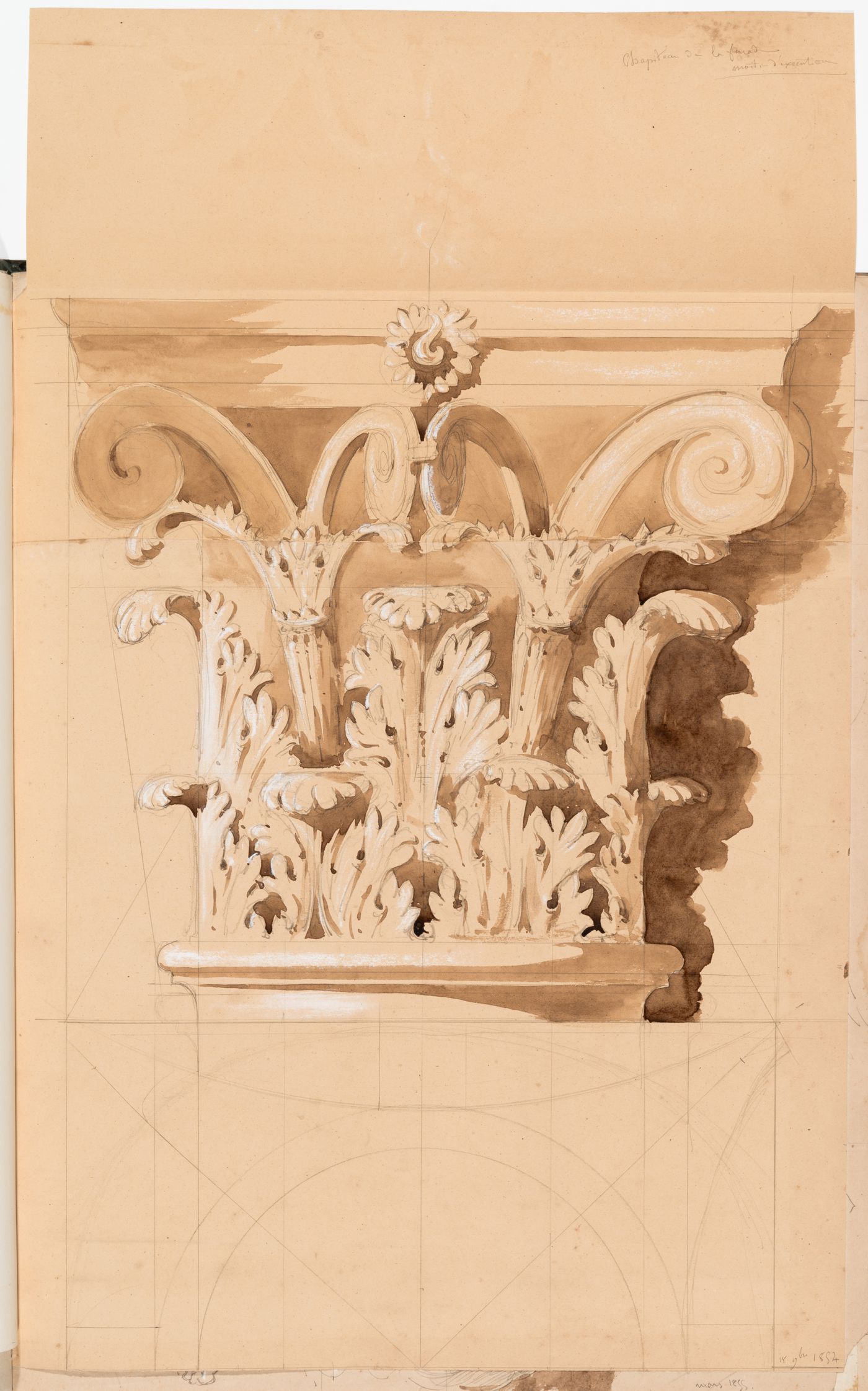 Elevation and partial plan of a Corinthian capital