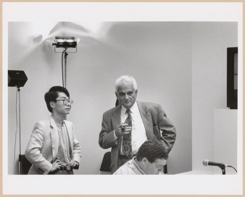Photograph of Akira Asana and Jacques Derrida at Anywhere Conference