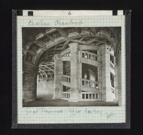 View of double spiral stairs of Château de Chambord from upper landing, Chambord, Loir-et-Cher, France