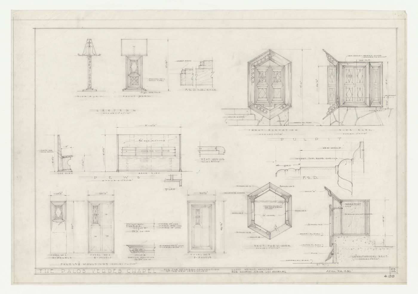Wayfarers' Chapel, Palos Verdes, California: Elevations, sections and plan for lectern, pulpit and pews