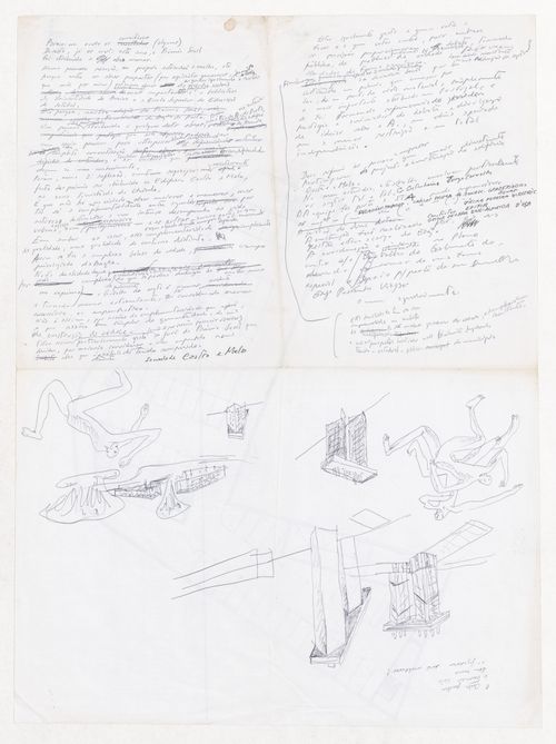 Notes and sketch axonometric views for Complexo de Habitação, Comércio e Serviços Horta da Torrinha Rotunda do Raimundo, Evora, Portugal; verso: Plan for Complexo de Habitação, Comércio e Serviços Horta da Torrinha Rotunda do Raimundo, Evora, Portugal