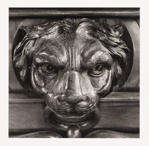 Close-up view of a carved lion head on the wall paneling of the tea room, Shaughnessy House, Montréal, Québec, Canada