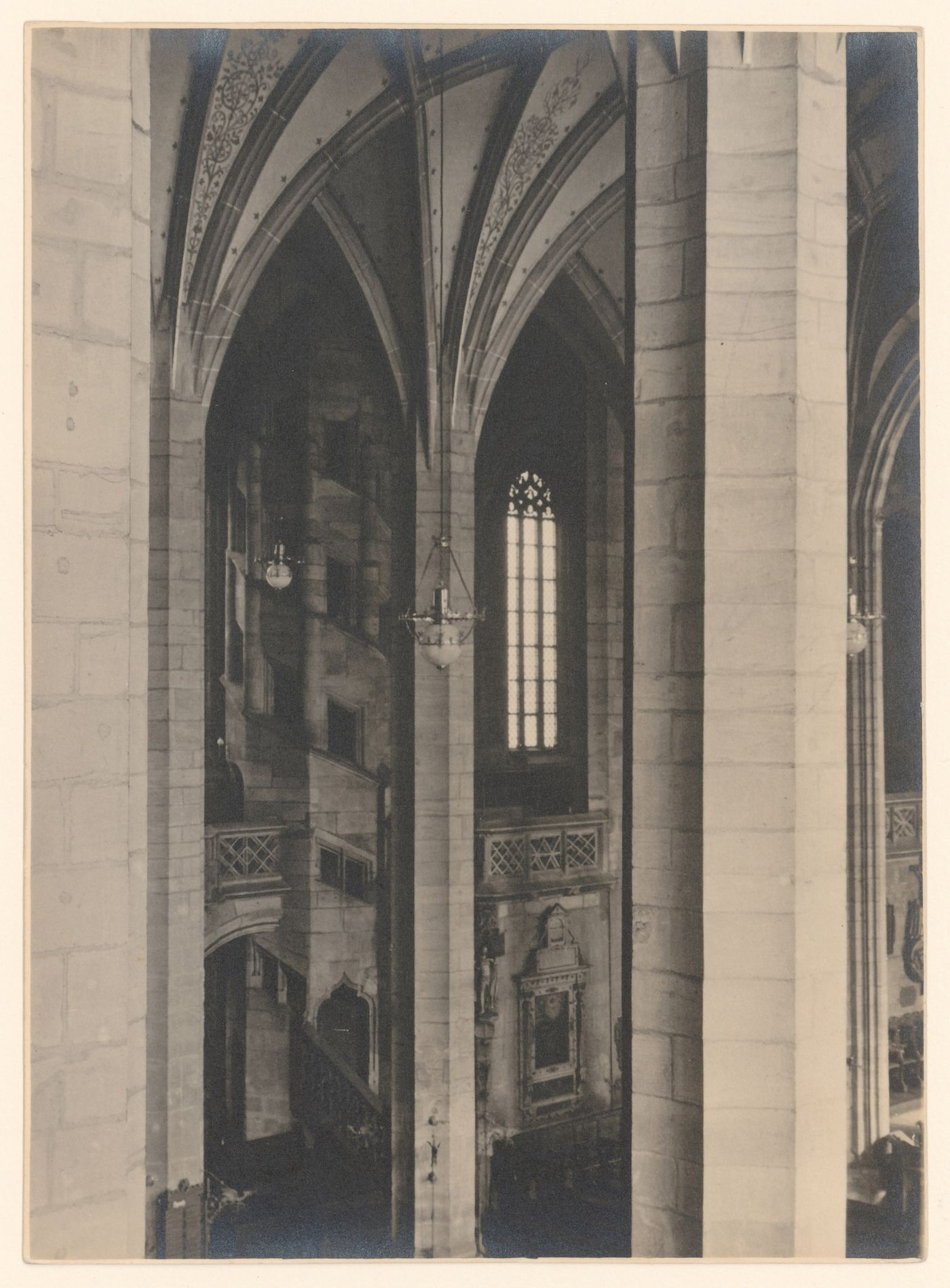 Interior, detail of piers and vaults of nave of large church, from a gallery or other elevated view point