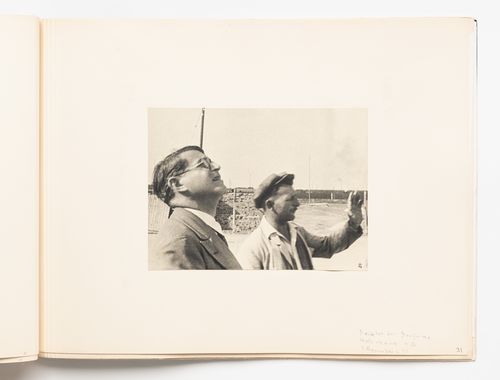 Exterior view of the Director of Holzman A.G., Mr. Rosenberg [?], and a worker at the Hellerhof Housing Estate construction site, Frankfurt am Main, Germany