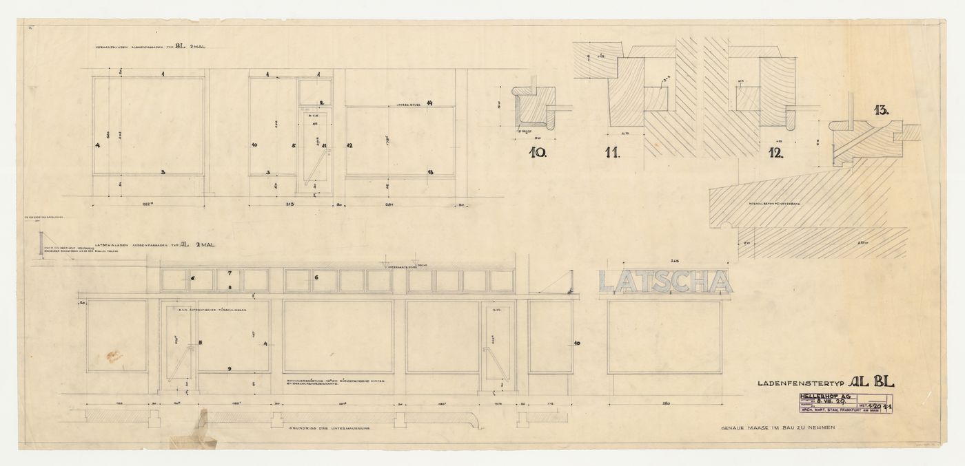 Elevations and removed sections for a type AL BL storefront, Hellerhof Housing Estate, Frankfurt am Main, Germany