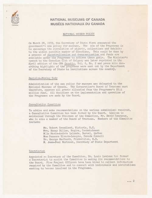 Policy statement by National Museums of Canada (from the project file Universal Modular Museum)