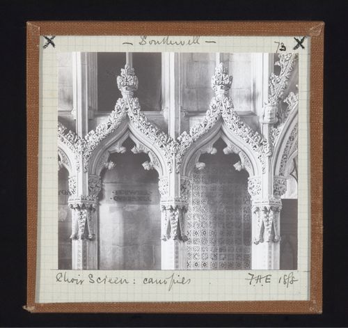 Detail view of canopies of choir screen, Southwell Minster, Southwell, Nottinghamshire, England