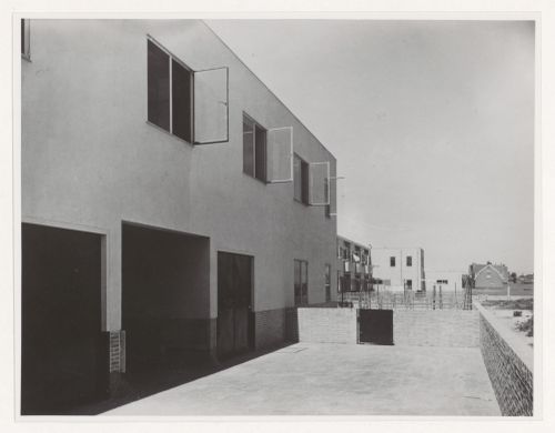 View of the rear façade of industrial row houses, Hoek van Holland, Netherlands