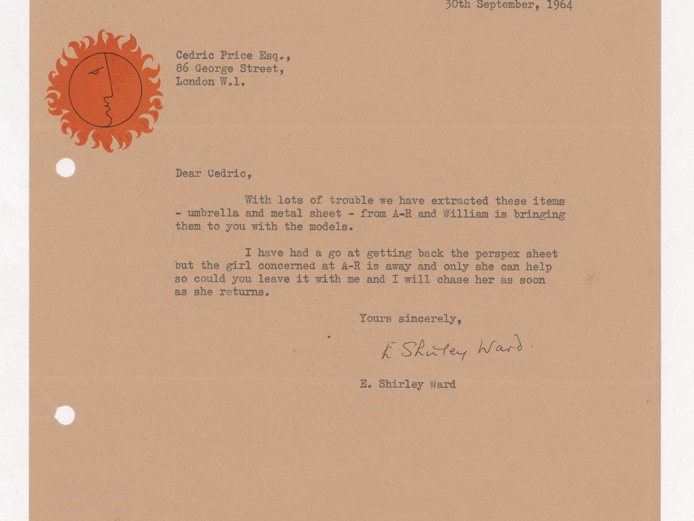 Letter from E. Shirley Ward of Mithras Films Unlimited to Cedric Price