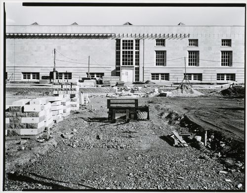View of the principal façade from across Baile Park, Canadian Centre for Architecture under construction, Montréal, Québec