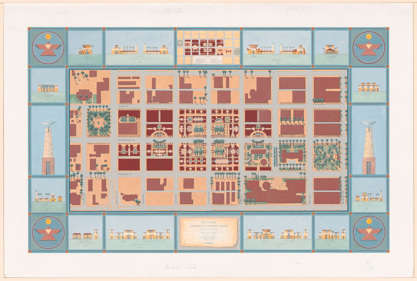 Phoenix Municipal Center,Arizona: competition, Phase I - presentation board, site plan, plan analysisand elevations