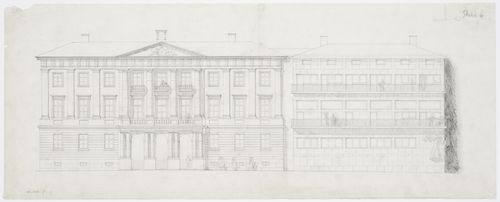 Elevation for the principal façade for the 1934-1937 design for Göteborg rådhusets tillbyggnad [courthouse annex] showing the Göteburg rådhus [courthouse], Göteborg, Sweden