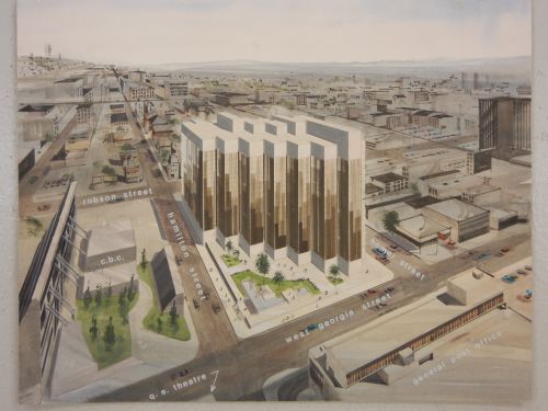 Perspective of early scheme showing names of streets and surrounding buildings