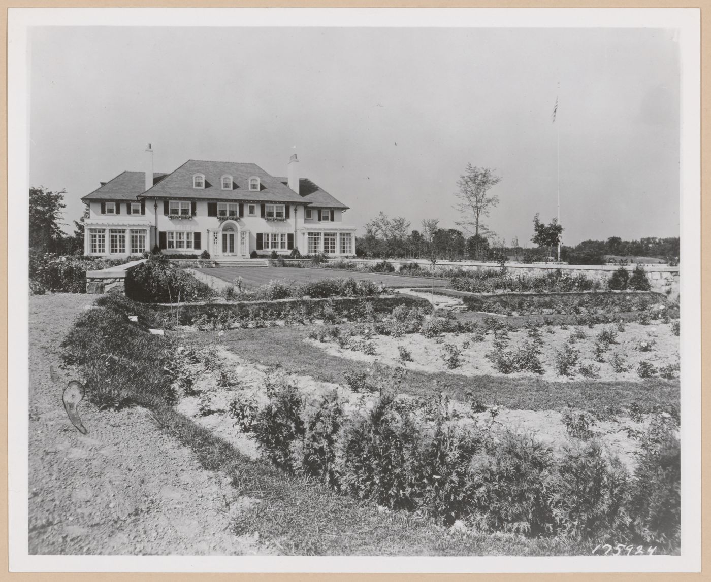 View of the rear [?] façade of the Frank L. Klingensmith house from the garden, Bloomfield Hills, Michigan