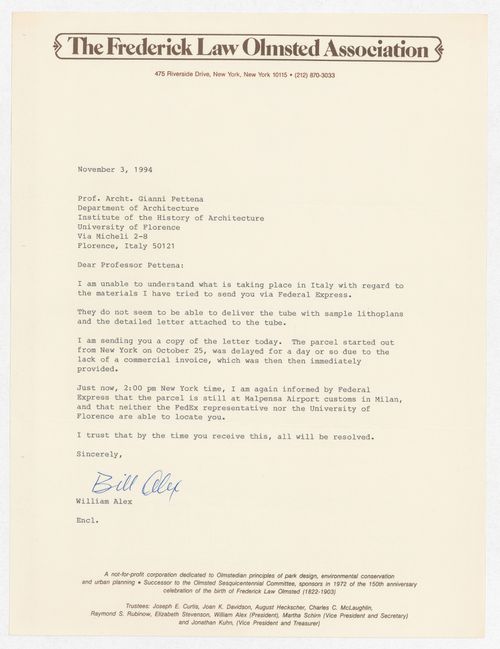 Correspondence with William Alex from The Frederick Law Olmsted Association for the exhibition Olmsted: L'origine del parco urbano e del parco naturale contemporaneo