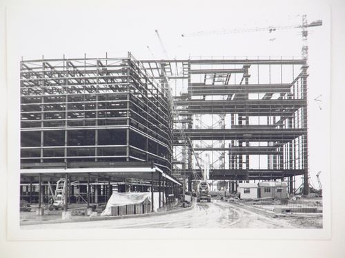 View of construction of steel structure for power station, from exterior, United Kingdom