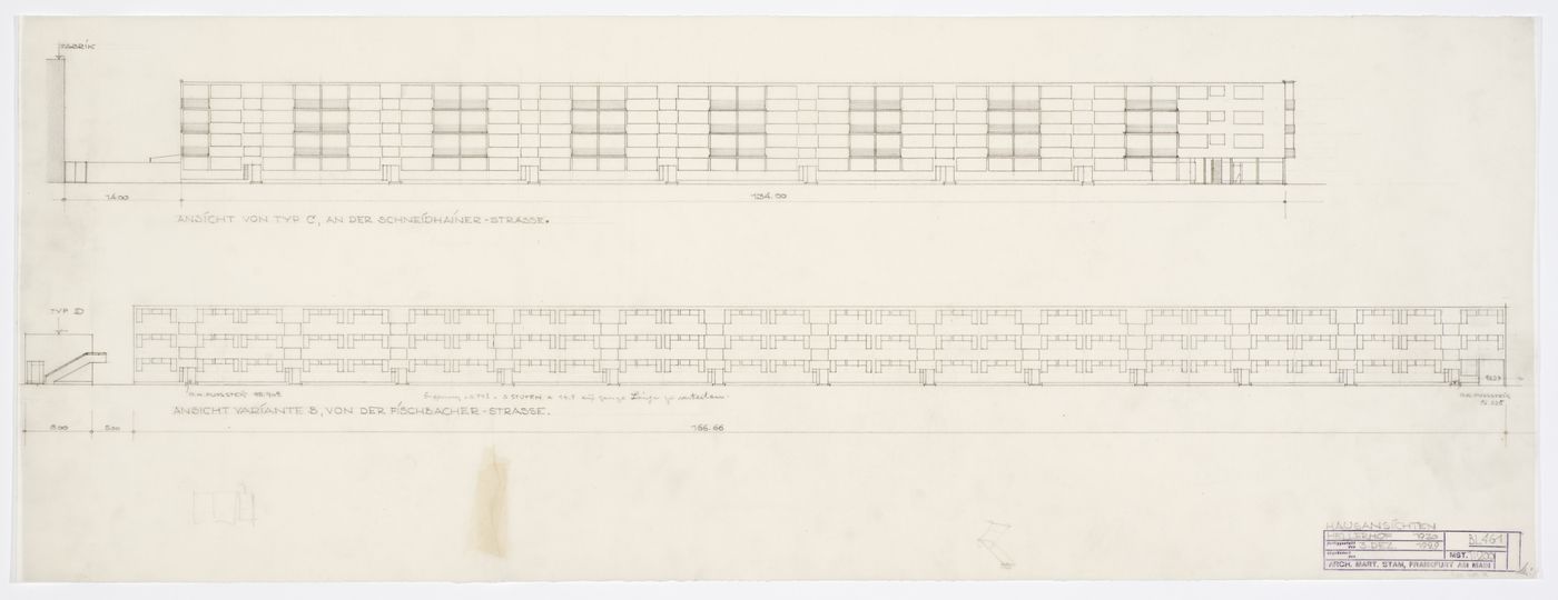 Street elevations for type B, type C and type D housing units, Hellerhof Housing Estate, Frankfurt am Main, Germany