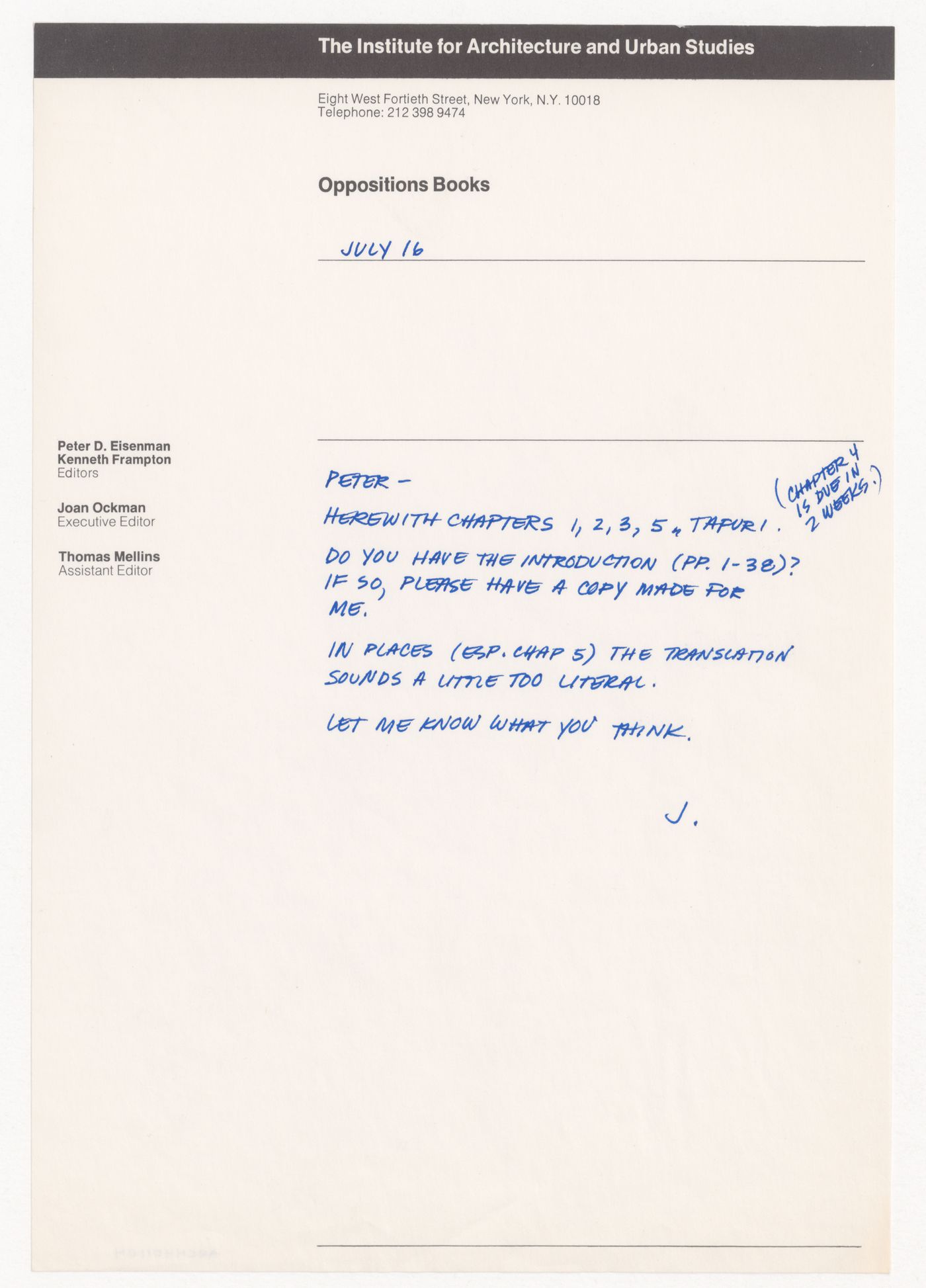 Memorandum from Joan Ockman to Peter D. Eisenman about Oppositions Books text revision