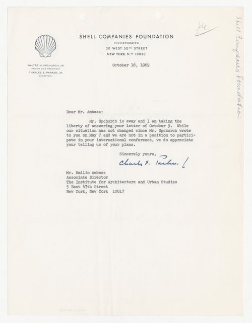 Letter from Charles E. Parker Jr. to Emilio Ambasz responding to proposal for Institutions for a Post-Technological Society conference