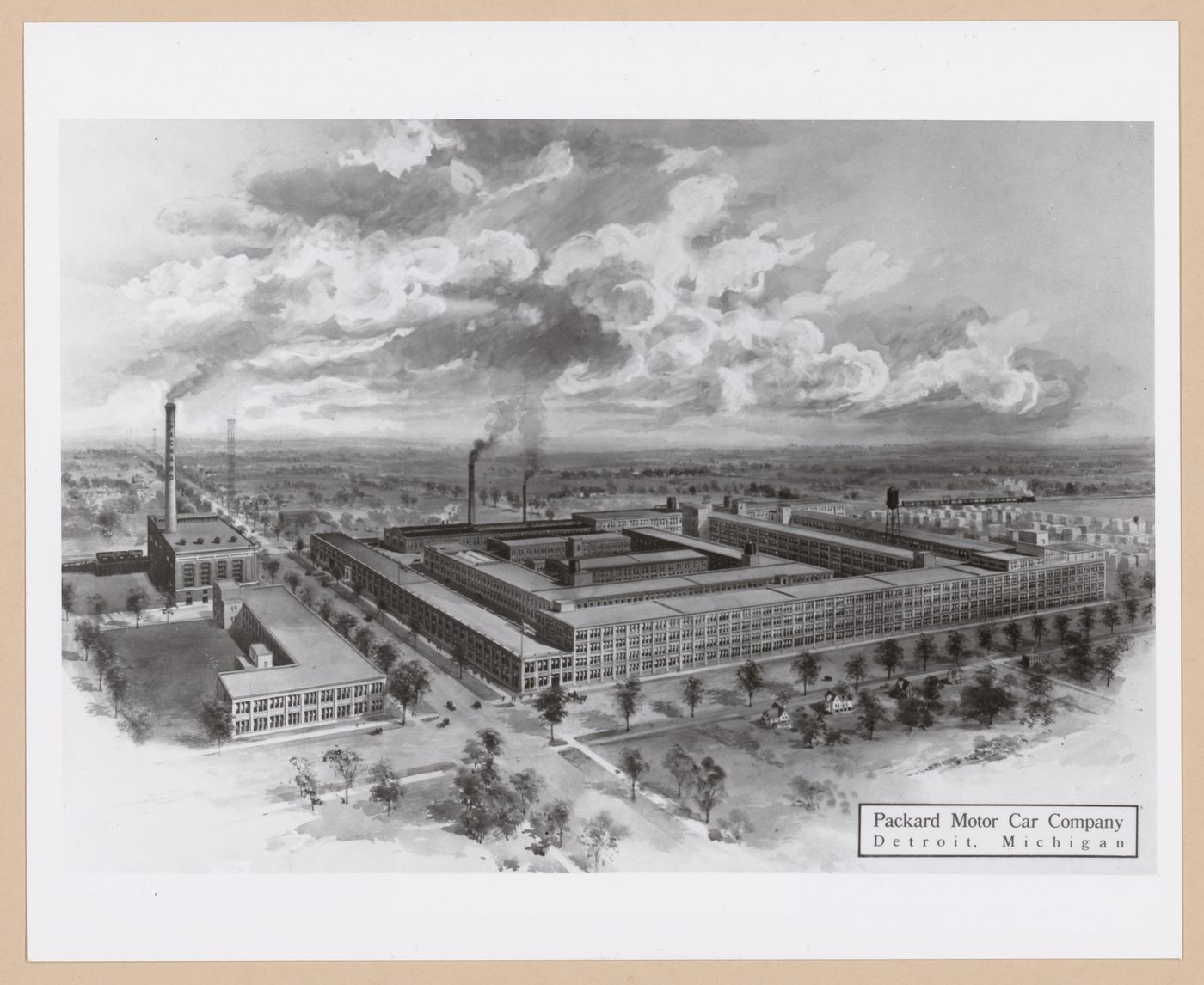Photograph of a bird's-eye perspective drawing for the Packard Motor Car Company Assembly Plant (now abandoned), East Grand Boulevard, Detroit, Michigan