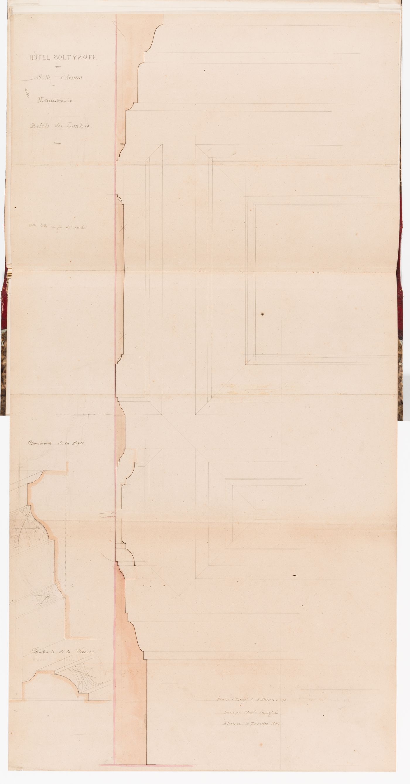 Full-scale profile and details for the panelling and axonometric details for the window and door frames for the "salle d'armes" on the second floor, Hôtel Soltykoff