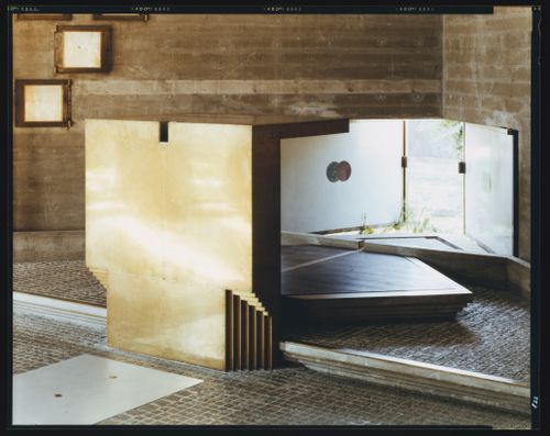 Interior view of the chapel showing the altar and open corner doors revealing the pond, Cimitero Brion, San Vito d'Altivole, near Asolo, Italy
