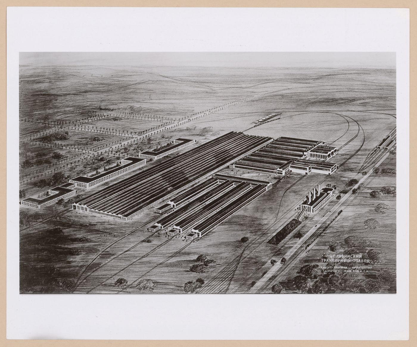 Photograph of a bird's-eye perspective drawing for or of the Soviet Diesel Tractor Assembly Plant, Cheliabinsk, Soviet Union (now in Russia)