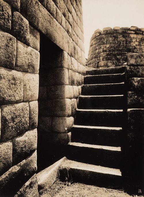 View of the entrance to the House of Ñusta and the staircase leading to the Torreón, Machu Picchu, Peru