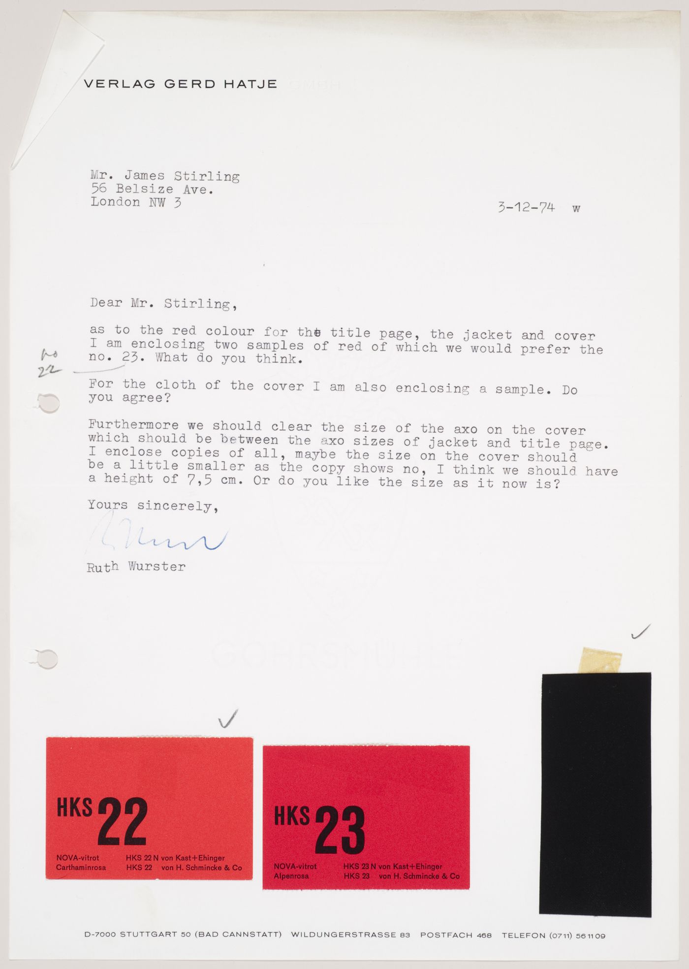 Letter from Ruth Wurster (Verlag Gerd Hatje) to James Stirling