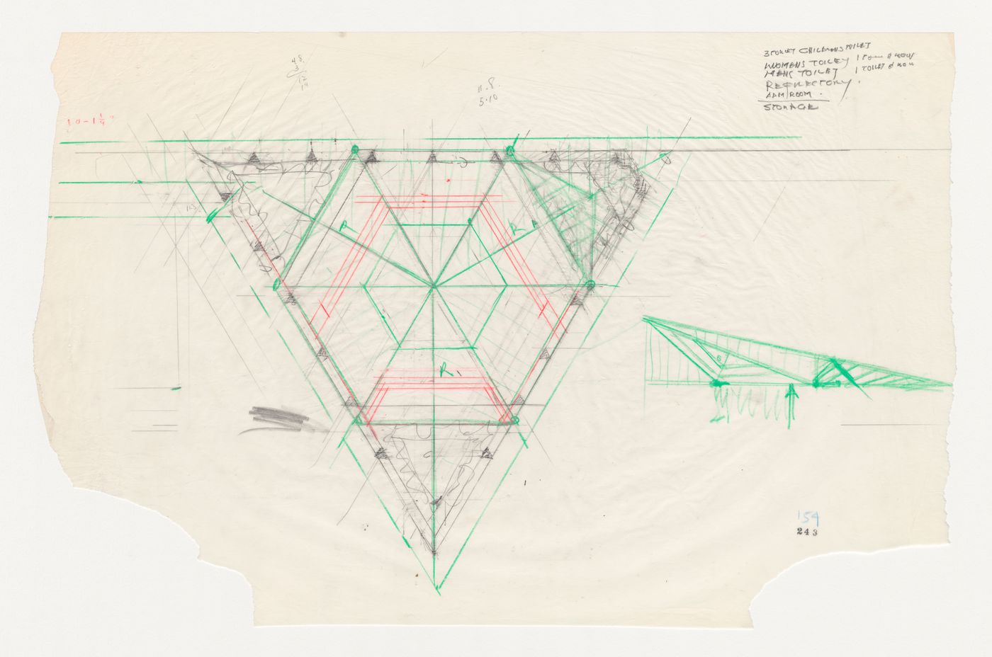 Wayfarers' Chapel, Palos Verdes, California: Plan for the parish house, indicating framing, with a half section showing roof trusses