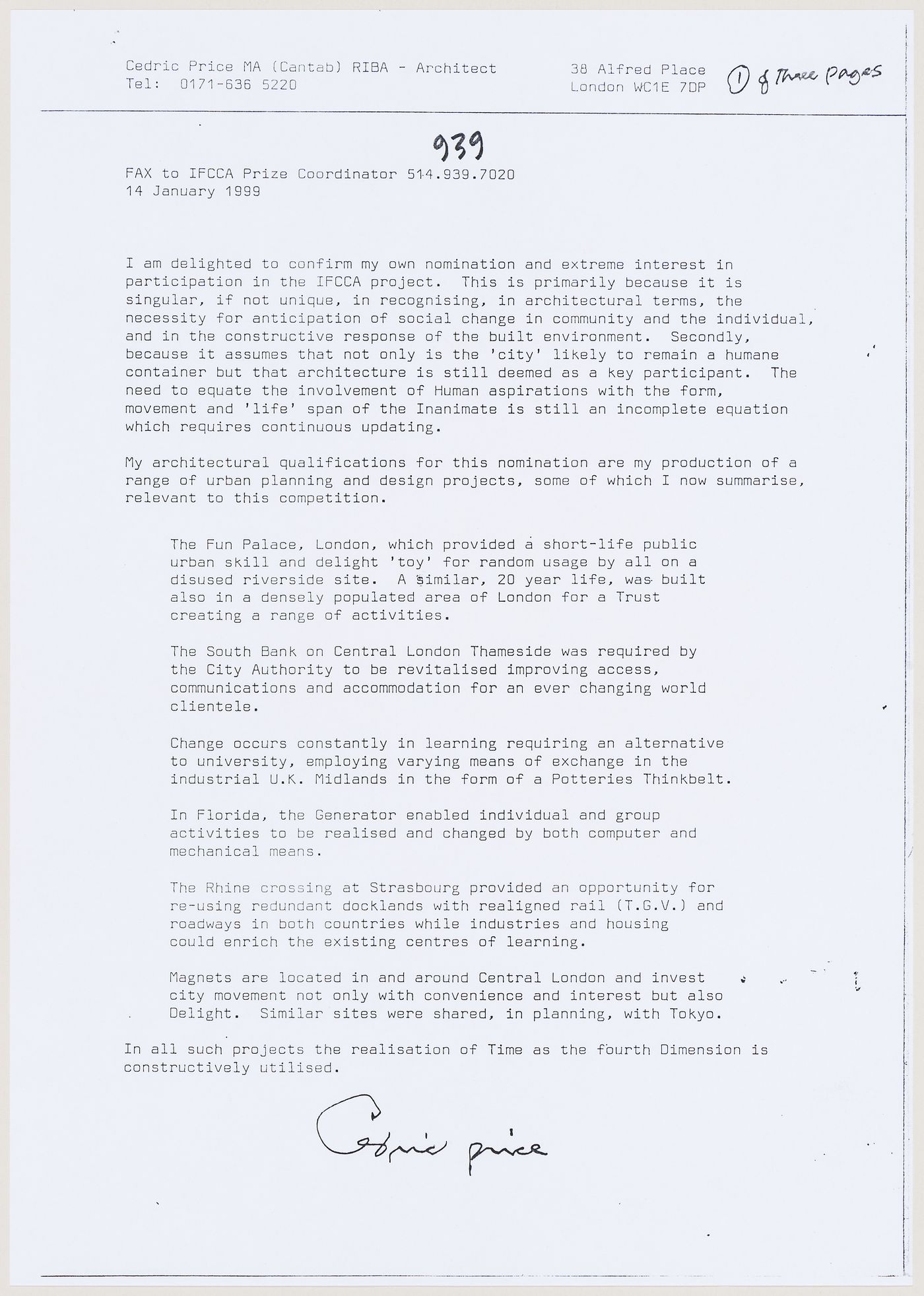 Message (fax) from Cedric Price addressed to the IFCCA Prize Coordinator (document from the IFPRI project records)