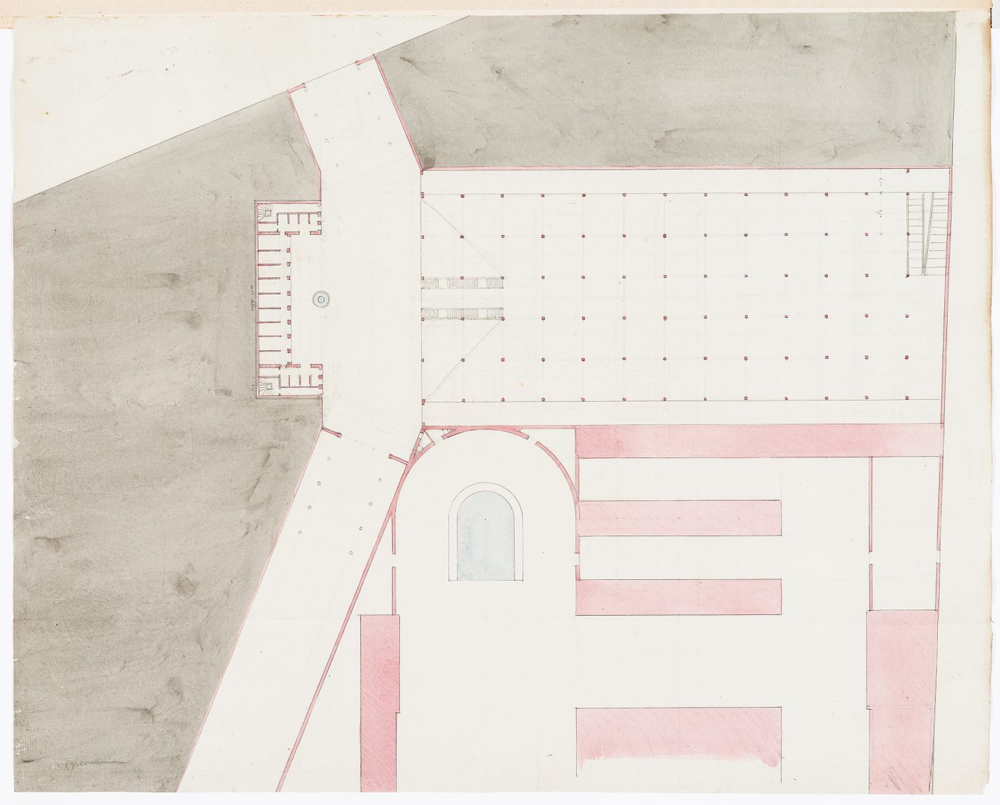 Project for a horse auction house and infirmary, Clos St. Charles, nouveau quartier Poissonnière: Plan for a shed adjacent to the horse auction house