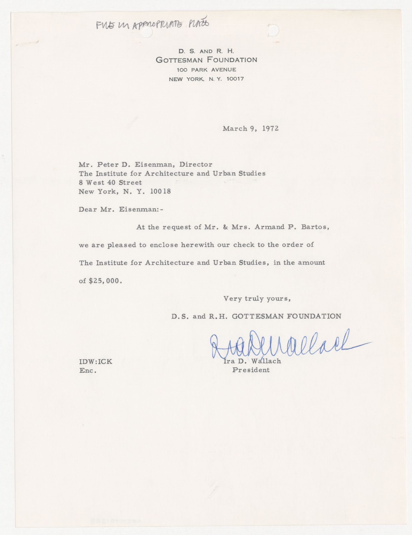 Letter from Ira D. Wallach to Peter D. Eisenman about funding from the D. S. and R. H. Gottesman Foundation