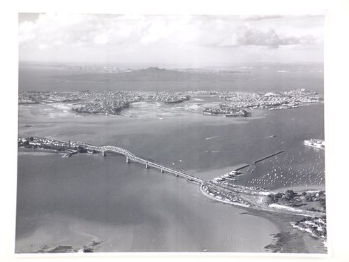Aerial view of the Auckland Harbour Bridge, over the Waitematā Harbour, Auckland, New Zealand