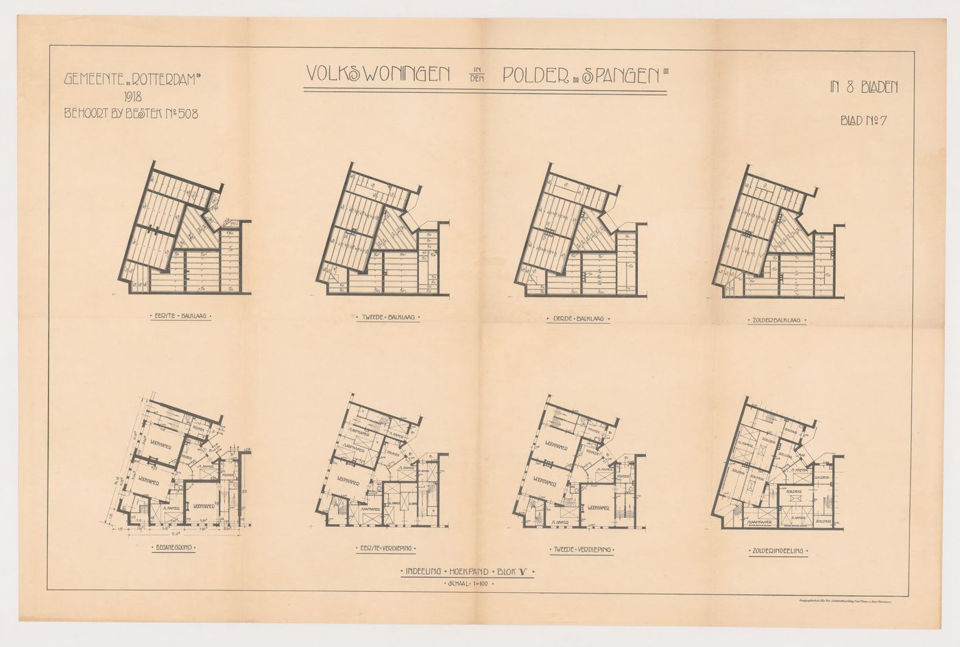 Plans and framing plans for Block 5, Spangen Housing Estate, Rotterdam, Netherlands