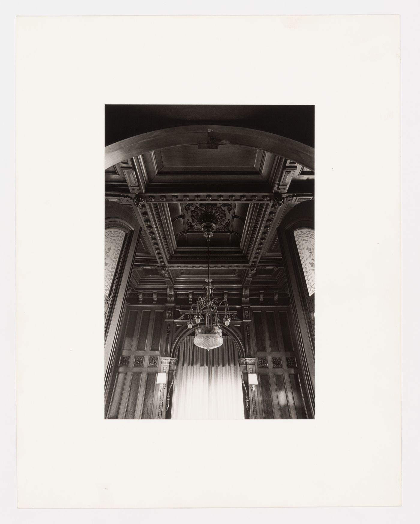 Interior view of the tea room showing the compartment ceiling and the chandelier, Shaughnessy House, Montréal, Québec, Canada