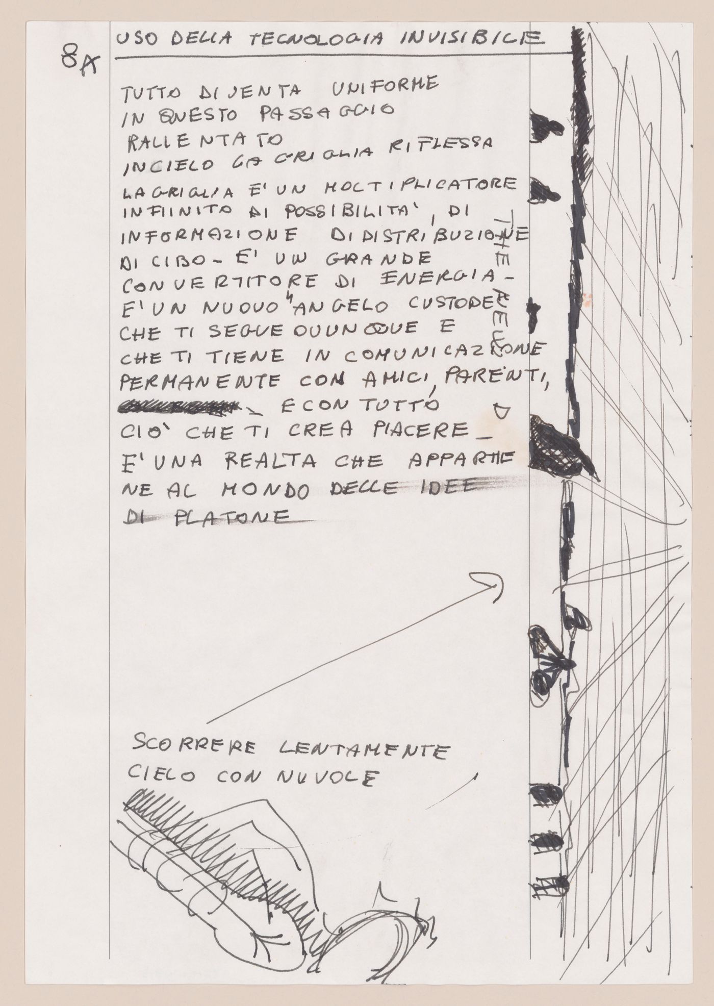 Page 7 of a storyboard describing filming locations and planning sketches of various scenes for Supersuperficie [Supersurface]