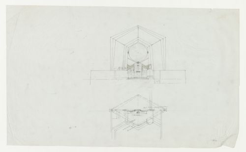 Wayfarers' Chapel, Palos Verdes, California: Plan for the area around the altar and cross section through the chapel looking towards the altar