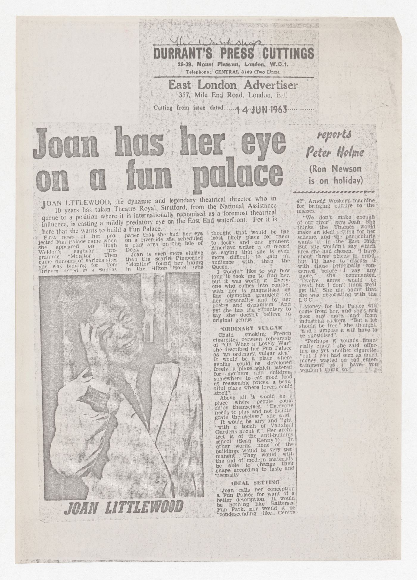 Copy of article "Joan has her eye on a fun palace", East London Advertiser, 14 June 1963