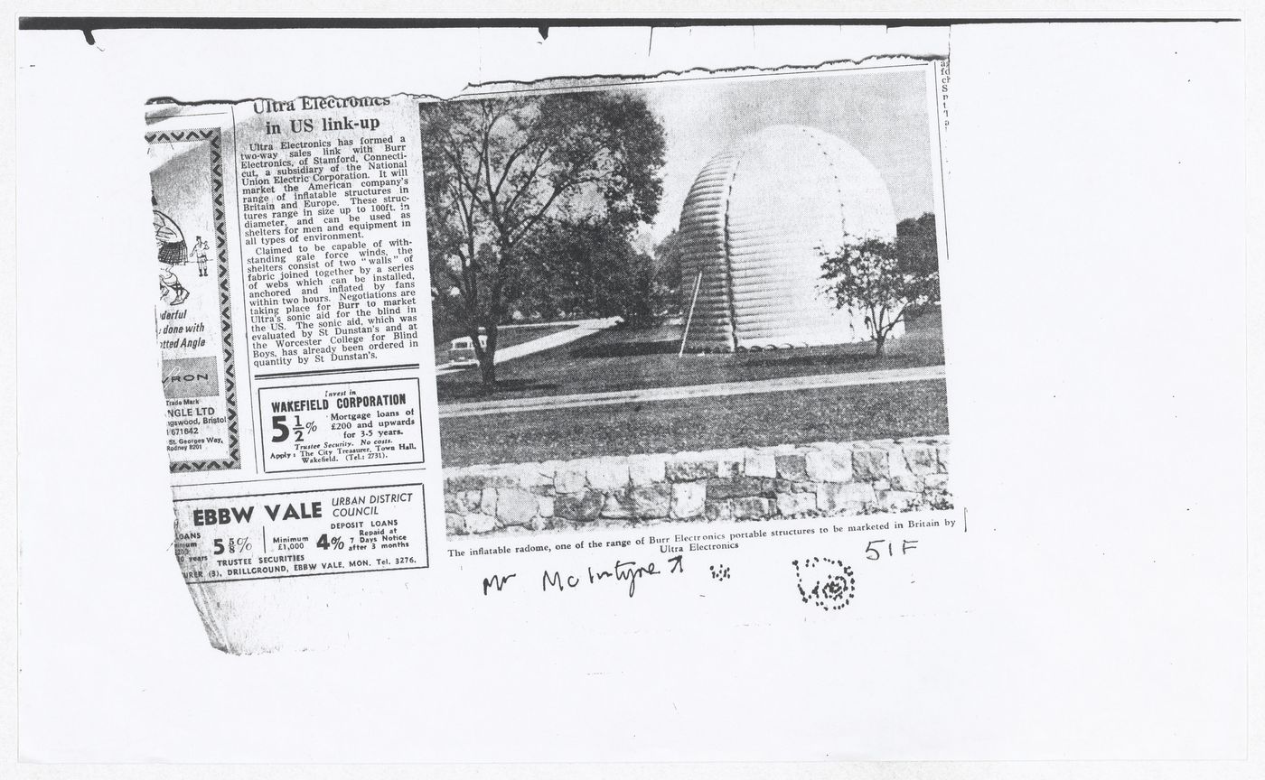 Copy of clipping on Ultra Electronics and inflatable radome, from Fun Palace documentation