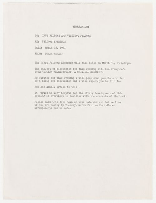 Memorandum from Diana Agrest to the Fellows and visiting Fellows about discussion topic for Fellows evening event