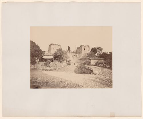 View of a section of the Theodosian Wall showing a gate and wall towers with a bridge in the right foreground, Constantinople (now Istanbul), Ottoman Empire (now in Turkey)