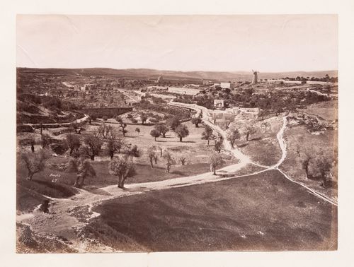 View of paths and dry land and roads leading to a fort, and showing a windmill at a distance, Greece [?]