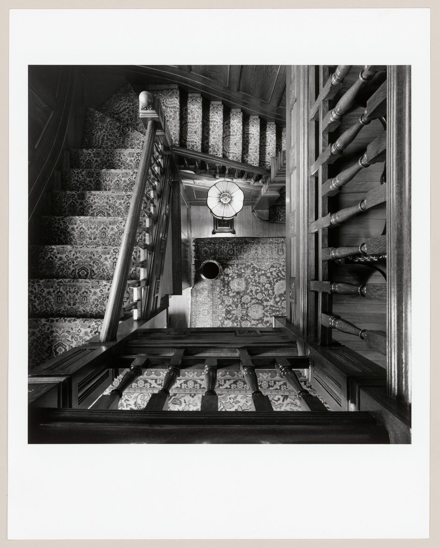 Interior view of the stairwell of the main stairs from the first floor landing, Slessor House, 1538 avenue Dr. Penfield, Montréal, Québec