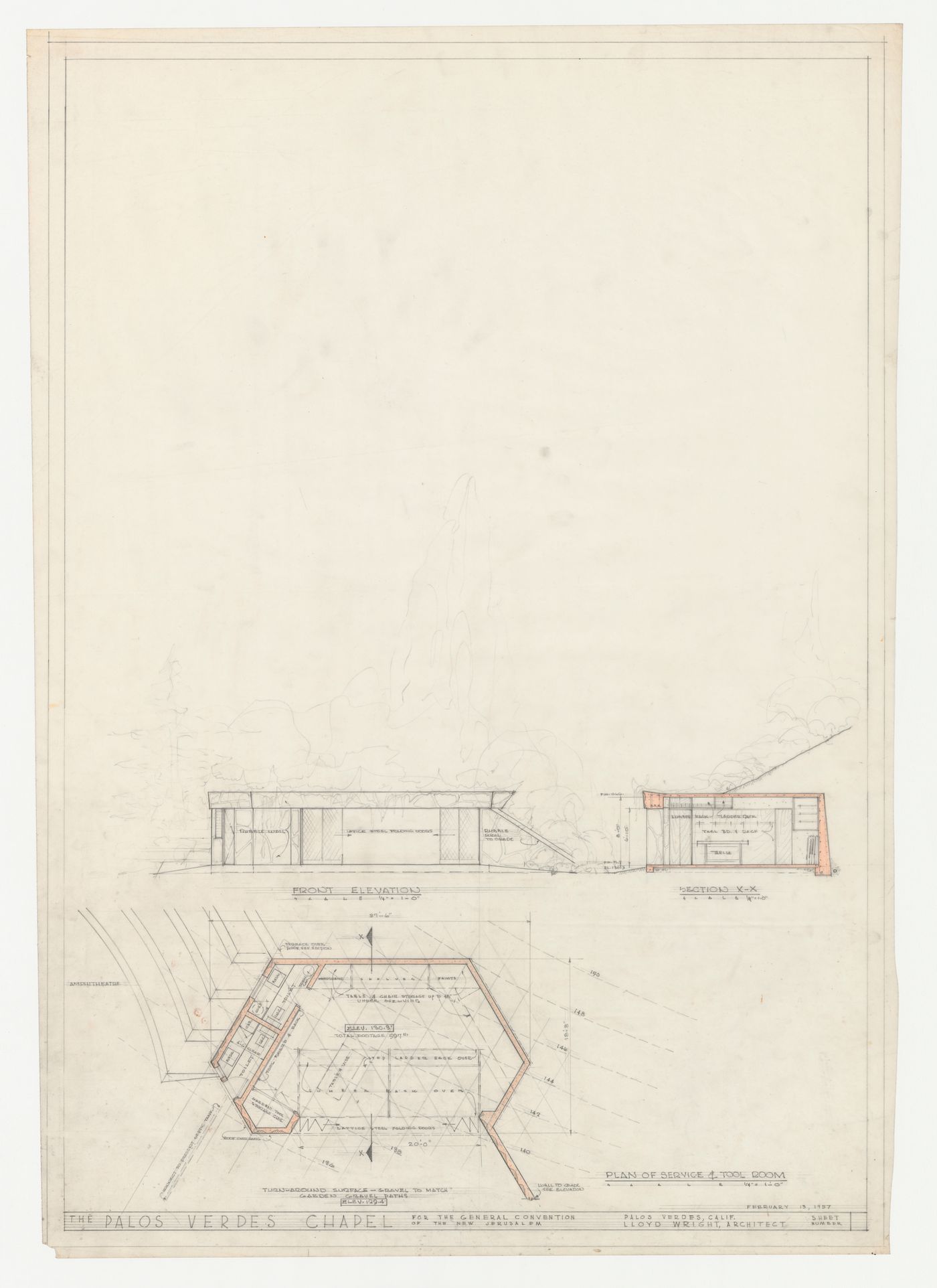 Wayfarers' Chapel, Palos Verdes, California: Front elevation, section and plan for the service and tool room