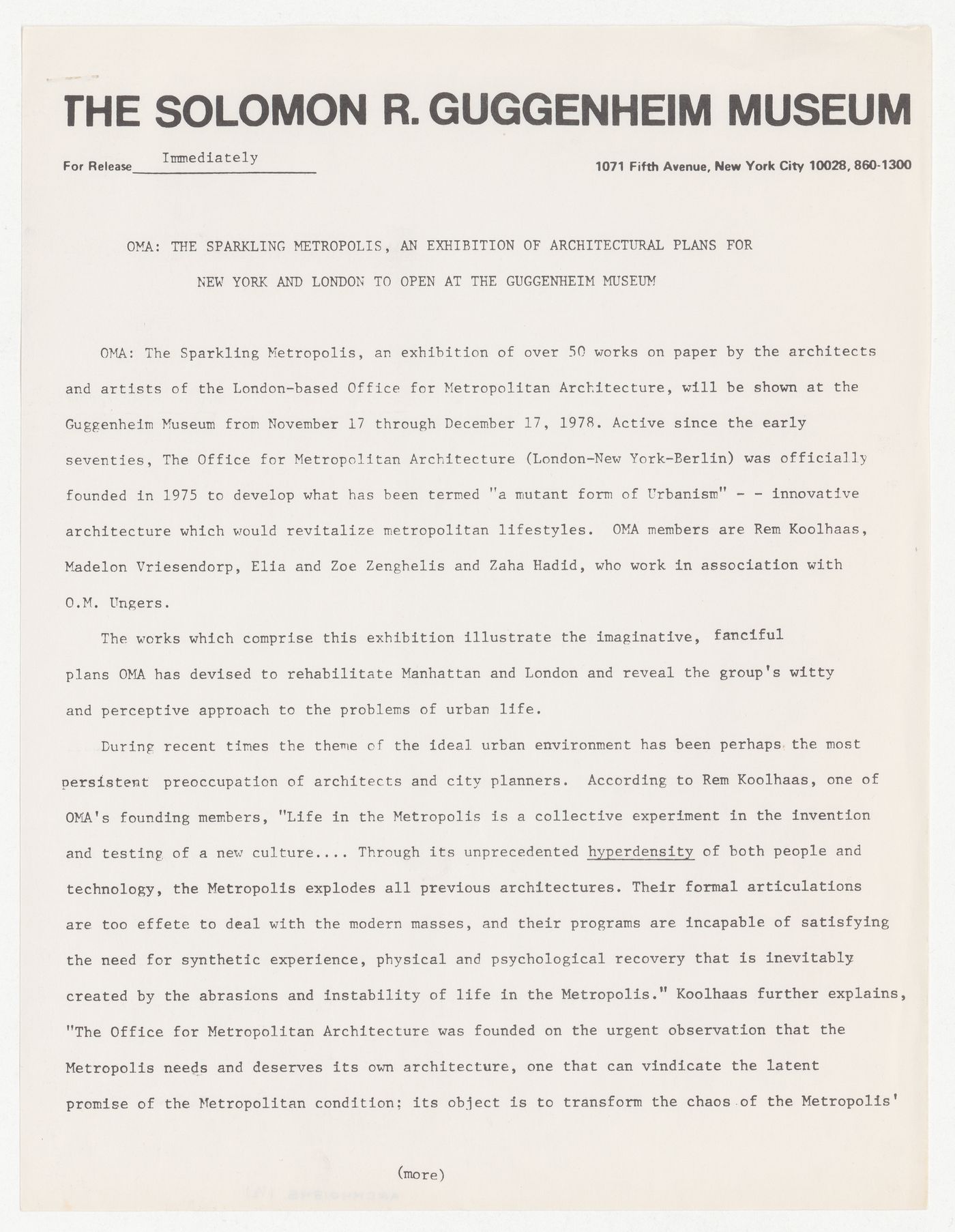 Press release by the Solomon R. Guggenheim Museum about OMA The Sparkling Metropolis